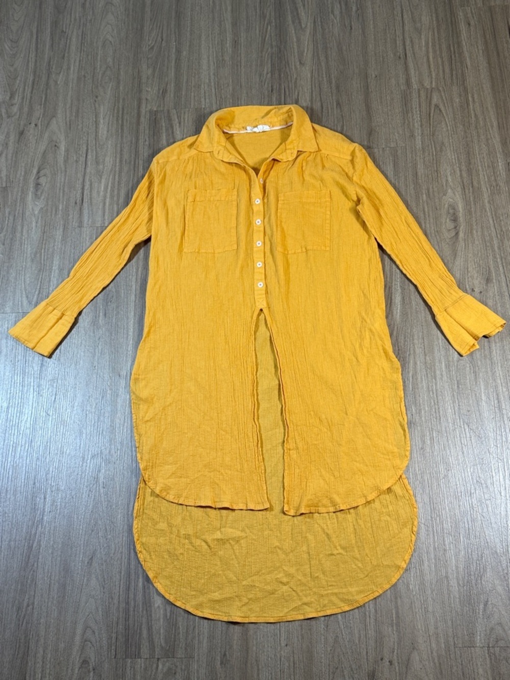 Anthropologie Button-Front High-Low Dress Mustard Yellow, Size S. 100% Cotton